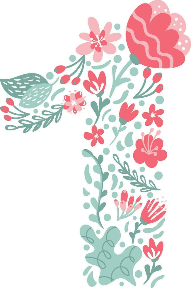 vetor mão desenhado Fonte número 1 1 com flores e galhos Flor Primavera. floral alfabeto tipografia verão carta monograma ou logotipo Projeto Casamento abc