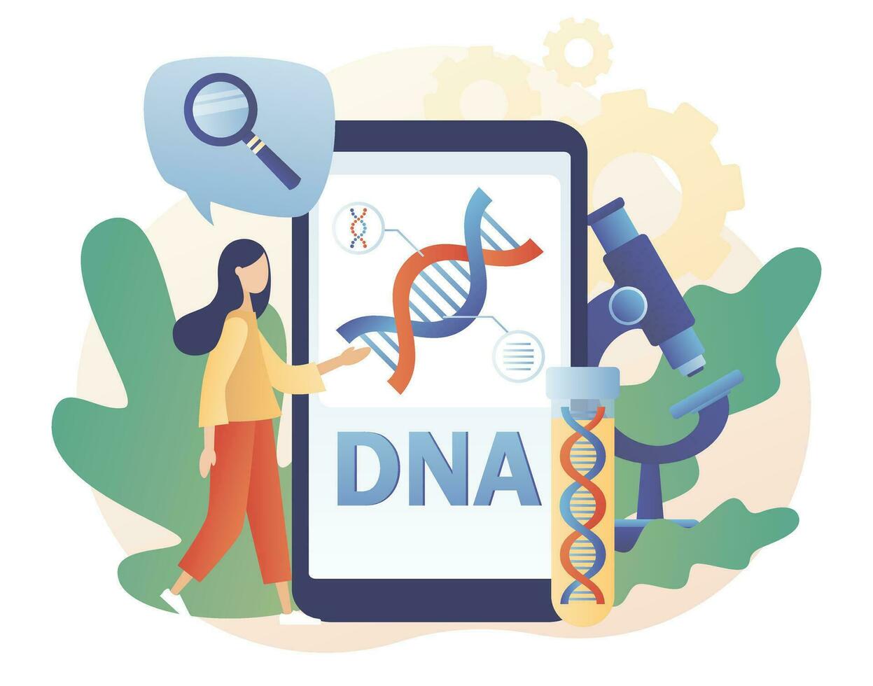 genético dna Ciência. minúsculo cientista investigando e teste dna com Smartphone dentro laboratório. gene hélice placa em Smartphone tela.moderna plano desenho animado estilo. vetor ilustração em branco fundo