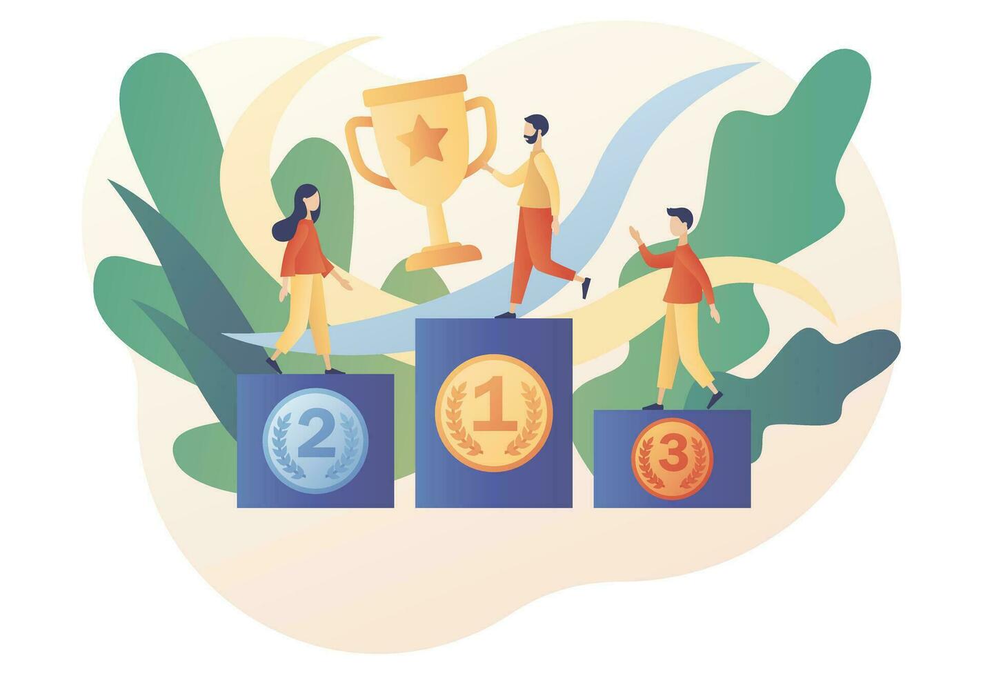 minúsculo pessoas desportistas vencedores ficar de pé em Atlético pódio ou pedestal. esporte jogos e concorrência. ouro prata e bronze medalhas. moderno plano desenho animado estilo. vetor ilustração em branco fundo