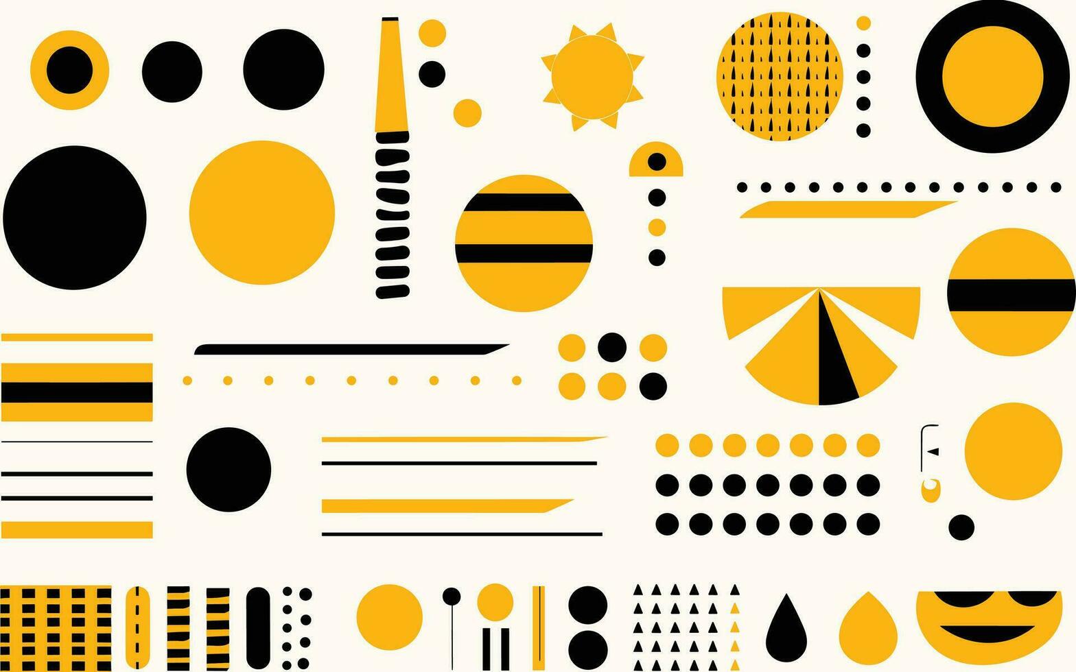 conjunto do moderno plano geométrico formas dentro amarelo, dentro a estilo do listras e formas, negrito Preto contornos, geométrico formas padrões, branco fundo, geométrico vetor