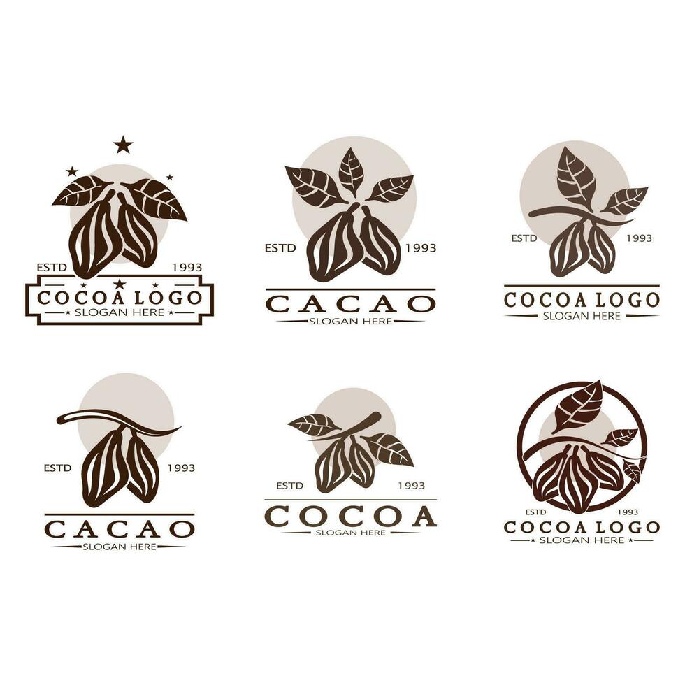 cacau logotipo, cacau feijão, cacau árvore, cacau galhos e folhas, chocolate misturar em branco plano de fundo, vintage, moderno, simples, minimalista ícone ilustração modelo Projeto vetor