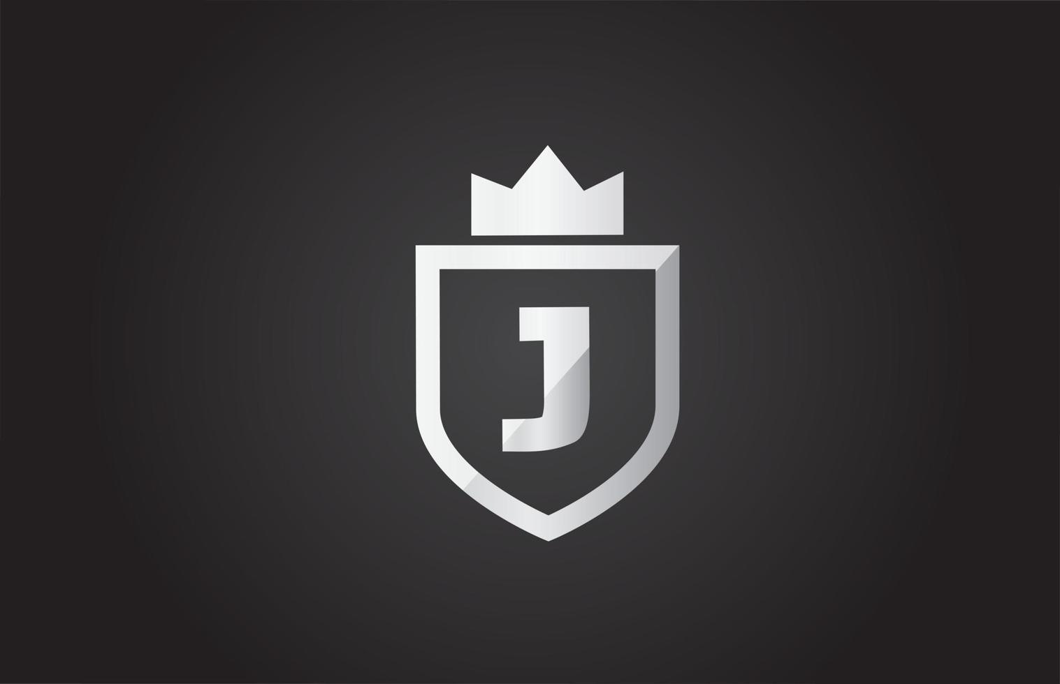 Ícone do logotipo da letra do alfabeto j na cor cinza e preta. design de escudo para identidade da empresa com coroa real vetor