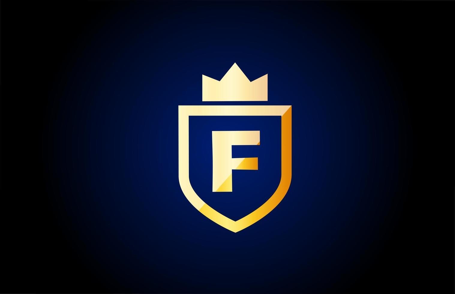 ícone do logotipo de letra do alfabeto ouro f. design para negócios e identidade da empresa com escudo e coroa de rei vetor