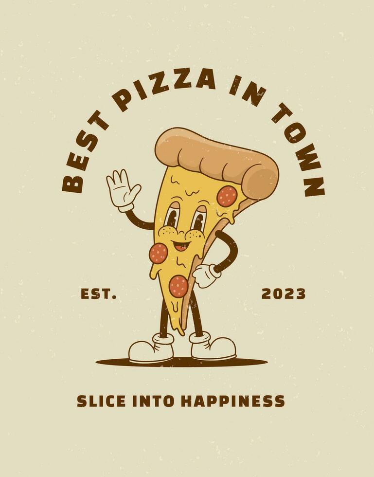 desenho animado pizza fatia personagem dentro retro sulco estilo. pizzaria poster vetor ilustração. vintage mascote para cantina, restaurante. nostalgia anos 60, anos 70, anos 80