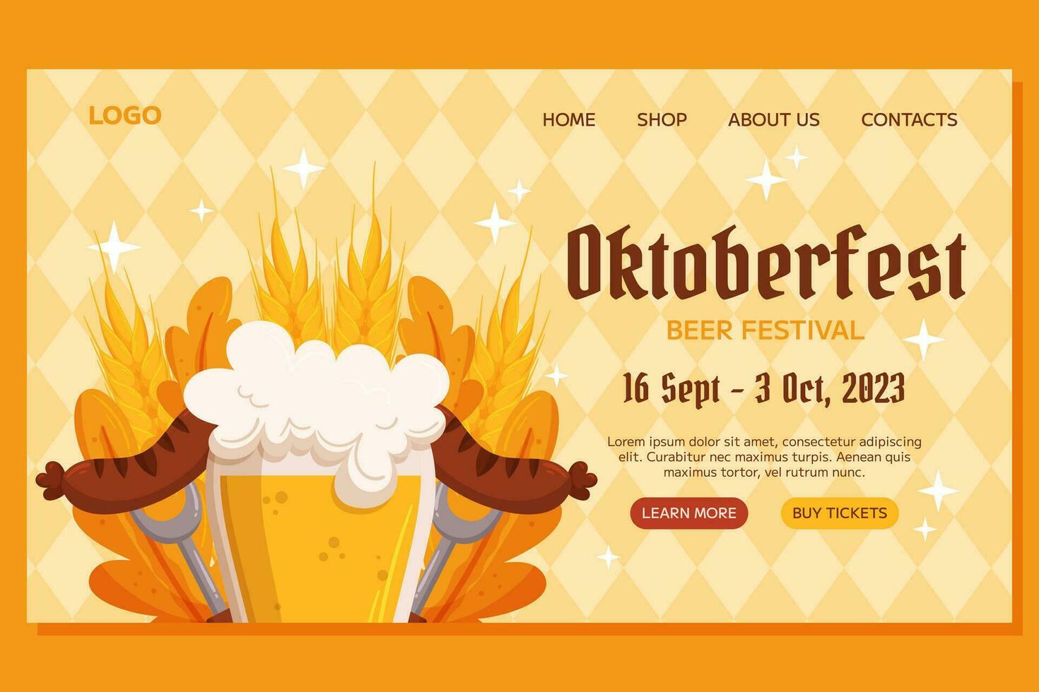 oktoberfest alemão Cerveja festival aterrissagem modelo Projeto. Projeto com vidro do cerveja, garfos com grelhado salsicha, trigo e folhas. luz amarelo losango padronizar vetor