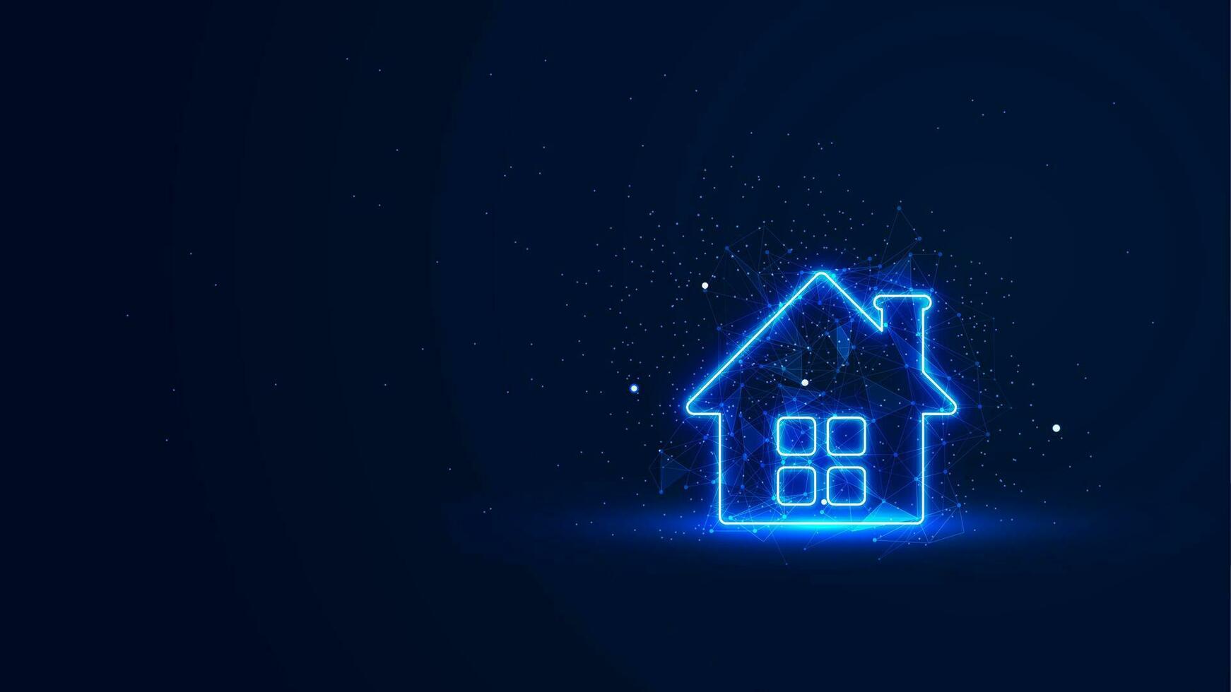 uma futurista brilhando casa símbolo com plexo linhas e brilhar partículas. uma casa símbolo dentro a néon luz estilo. propriedade investimento ilustração. digital casa comprando e vendendo conceito vetor