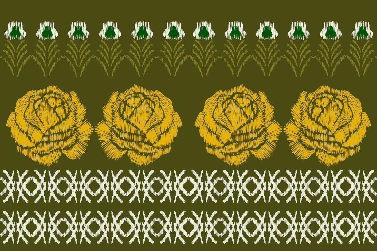 desatado ikat repete moderno feito à mão batik Projeto. em uma verde fundo, vintage estilo. vetor