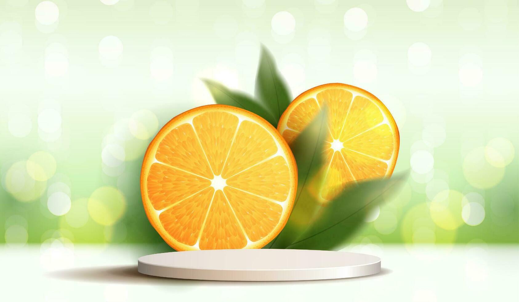 suculento laranjas com verde folhas em Prêmio pódio exibição para produtos. aplicável para fruta suco anúncio. cosméticos Vitamina c ou pele Cuidado. vetor Projeto.