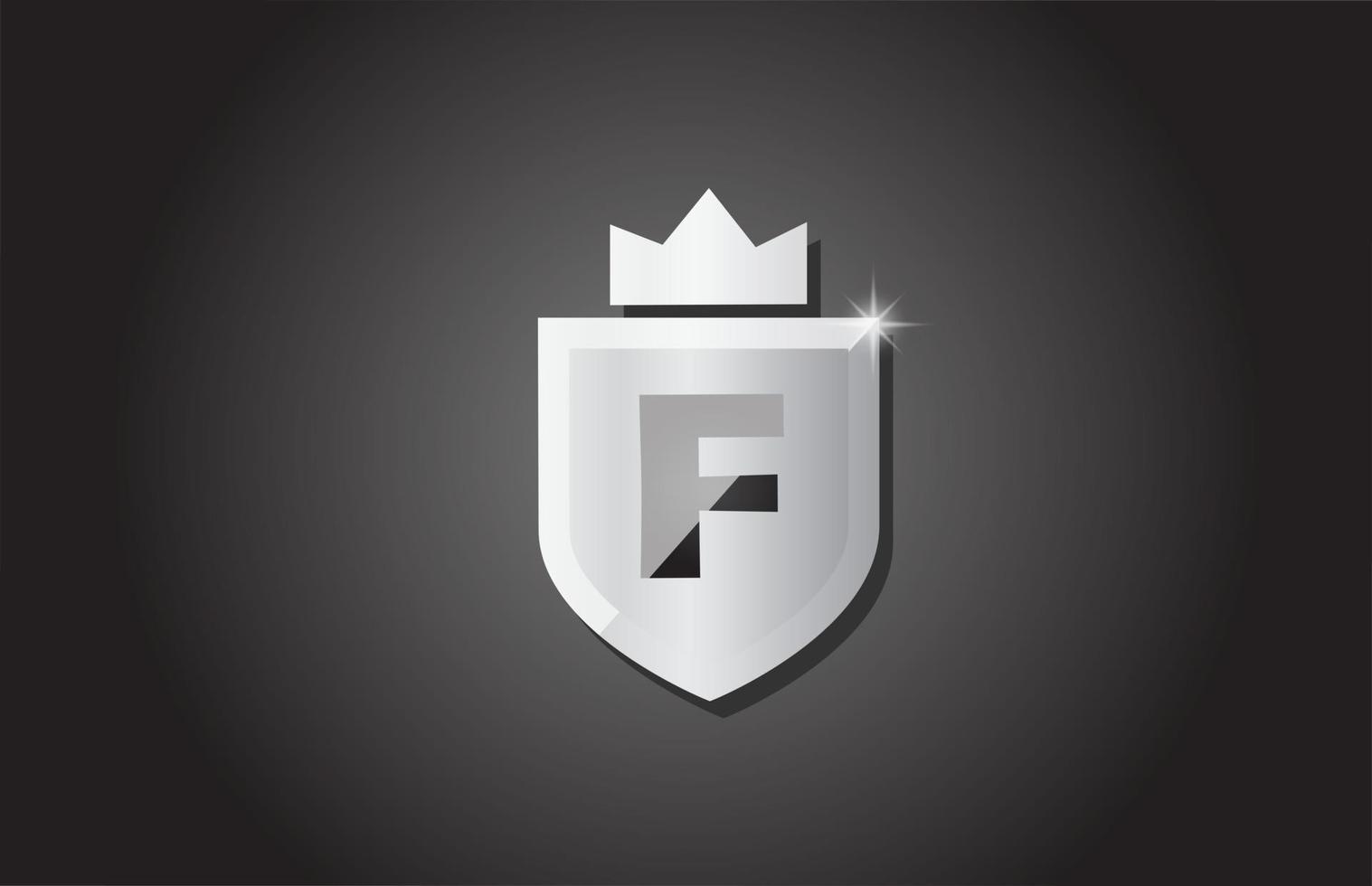 escudo criativo f logotipo do ícone de letra do alfabeto na cor cinza. design de negócios corporativos para identidade de modelo de empresa com coroa e faísca de luz vetor