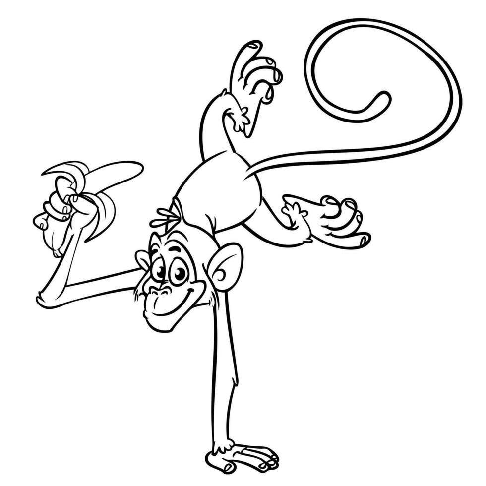 desenho animado engraçado macaco parada de mão e fazendo circo truque. vetor ilustração do feliz macaco chimpanzé esboços para coloração Páginas livro