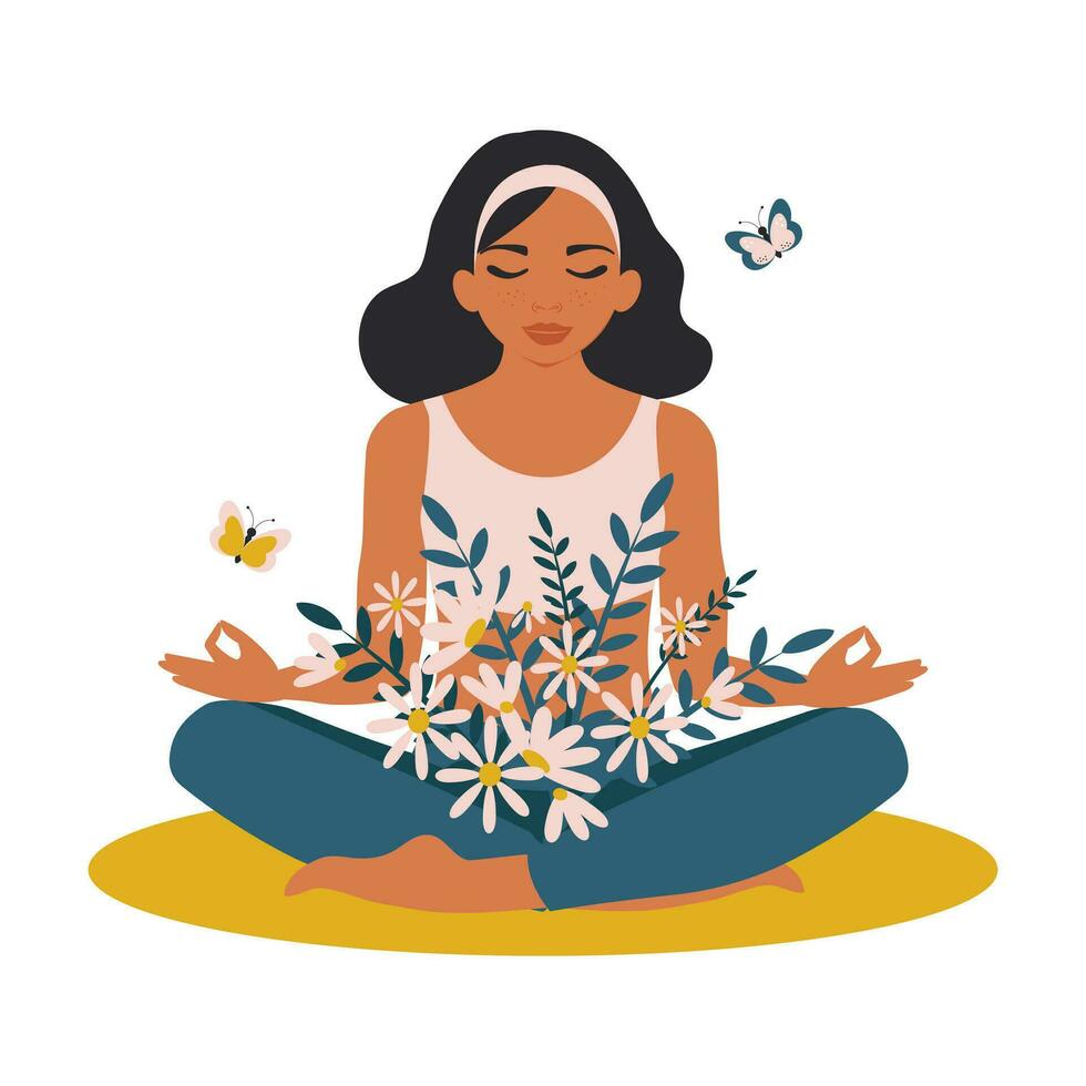 uma mulher senta de pernas cruzadas e medita. a partir de dela interior Paz e harmonia, flores flor e borboletas voar. vetor. vetor