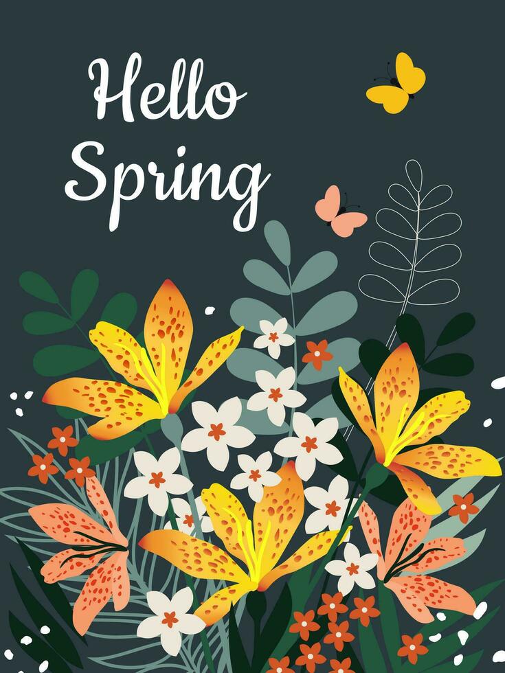Olá Primavera. ramalhete do Primavera flores com borboletas em uma Sombrio azul vertical fundo. festivo marcha cartão postal. vetor. vetor