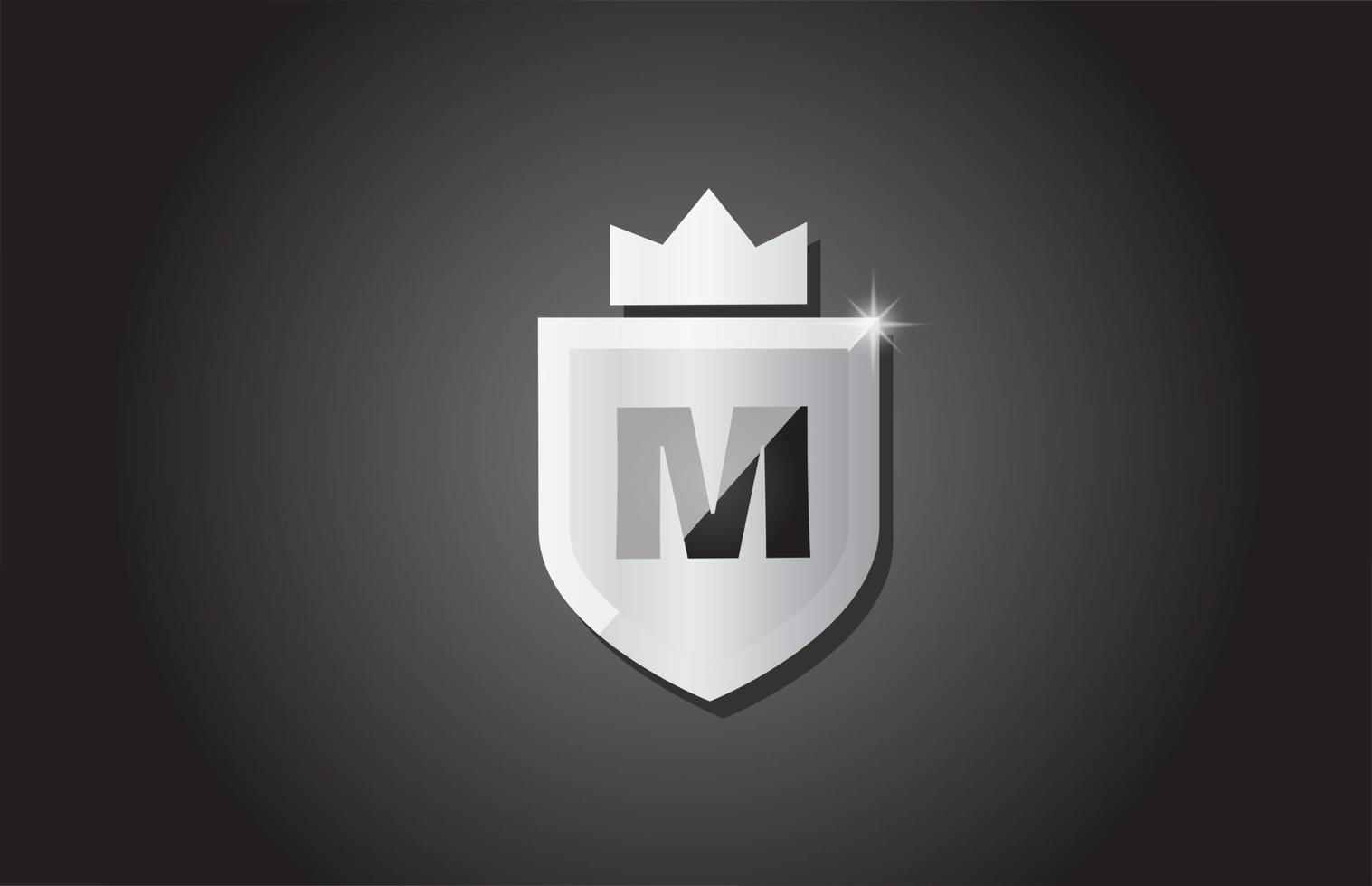 escudo criativo m logotipo do ícone de letra do alfabeto na cor cinza. design de negócios corporativos para identidade de modelo de empresa com coroa e faísca de luz vetor