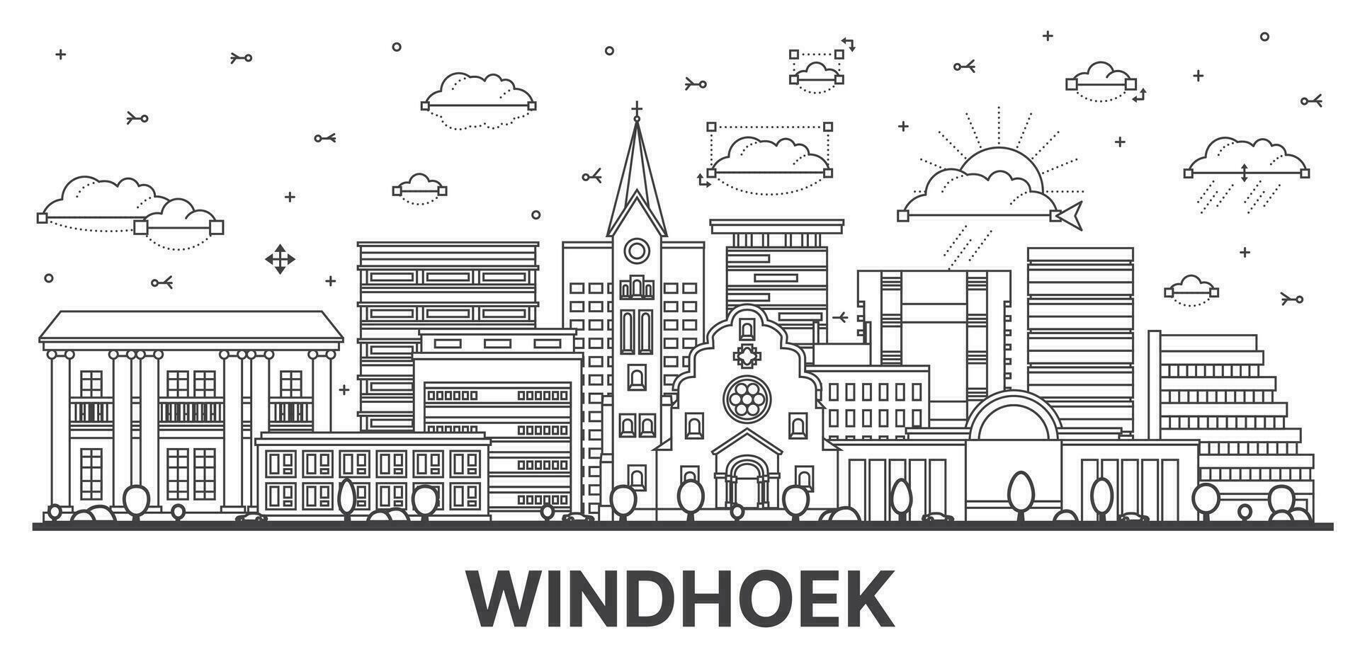 esboço Windhoek Namíbia cidade Horizonte com moderno e histórico edifícios isolado em branco. vetor