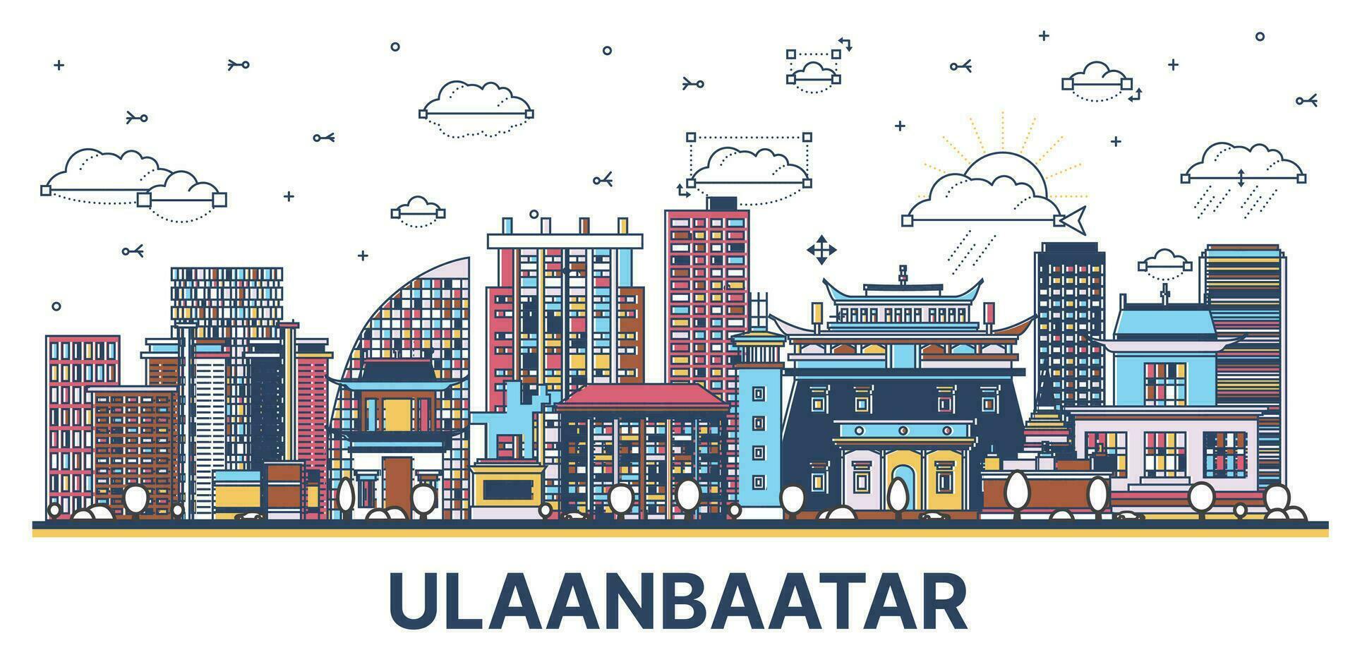 esboço ulaanbaatar Mongólia cidade Horizonte com colori histórico edifícios isolado em branco. vetor
