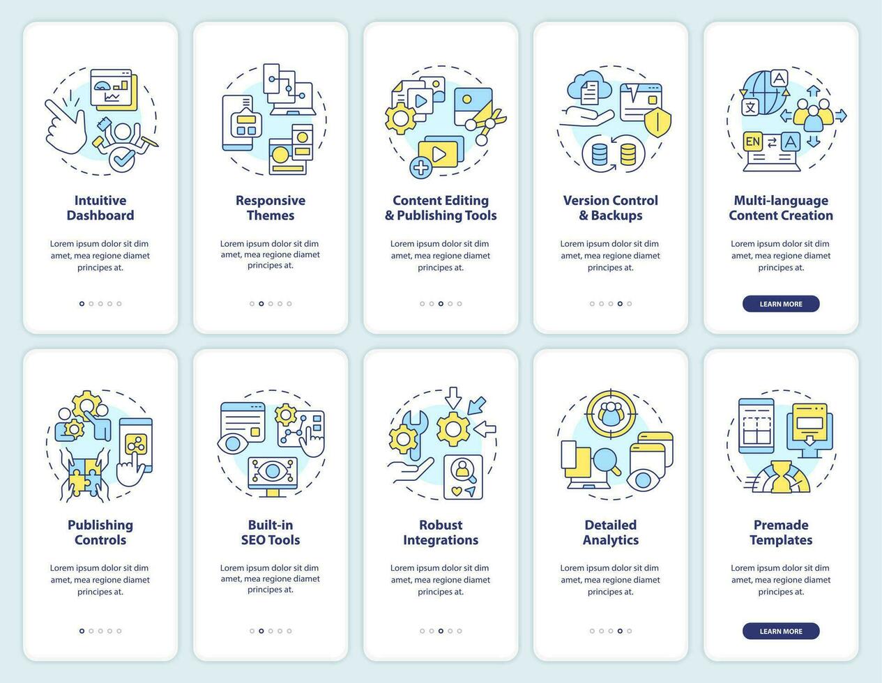 conteúdo gestão sistema onboarding Móvel aplicativo tela definir. passo a passo 5 passos editável gráfico instruções com linear conceitos. interface do usuário, ux, gui modelo vetor