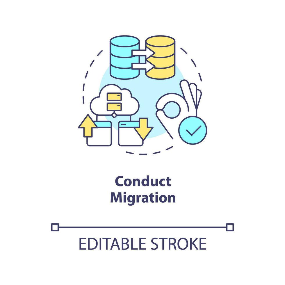 conduta migração conceito ícone. mudança cms plataforma. mover local na rede Internet para Novo servidor abstrato idéia fino linha ilustração. isolado esboço desenho. editável acidente vascular encefálico vetor