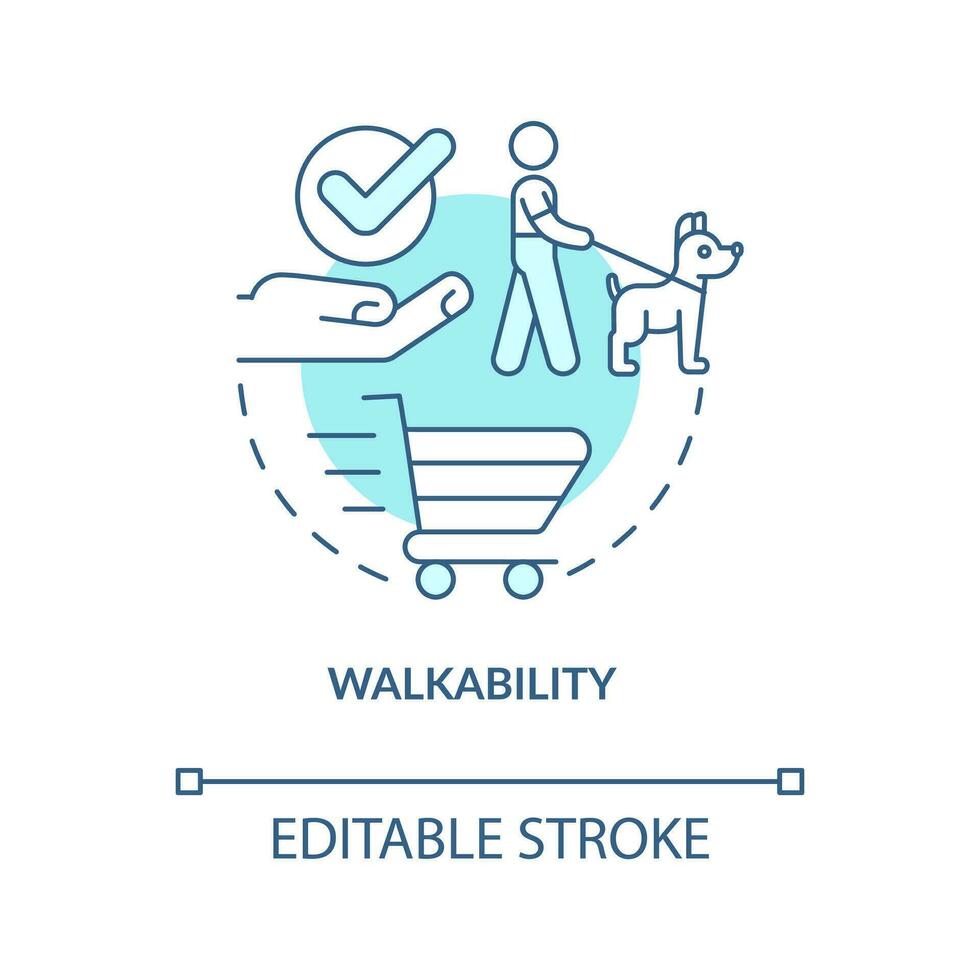caminhabilidade turquesa conceito ícone. Novo propriedade. melhor bairros vantagem abstrato idéia fino linha ilustração. isolado esboço desenho. editável acidente vascular encefálico vetor