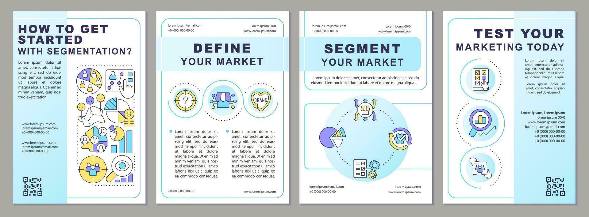 pegue começado com segmentação azul folheto modelo. folheto Projeto com linear ícones. editável 4 vetor layouts para apresentação, anual relatórios