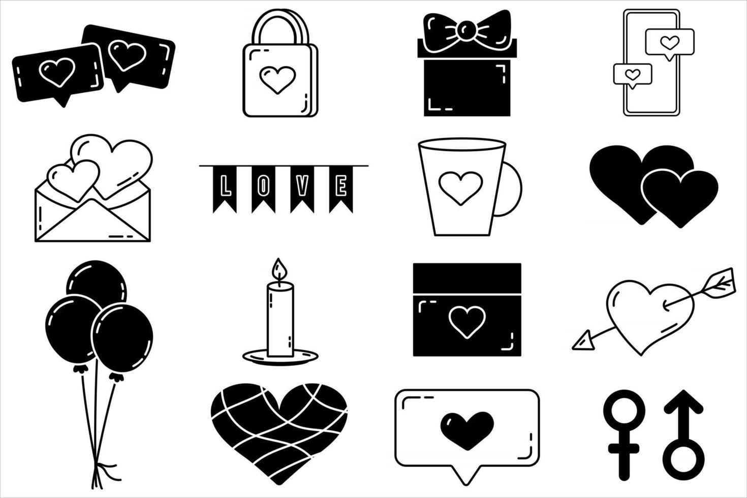 um conjunto de elementos vetoriais editáveis, coleção de dia dos namorados, com ícones isolados de traço editáveis em um fundo branco vetor