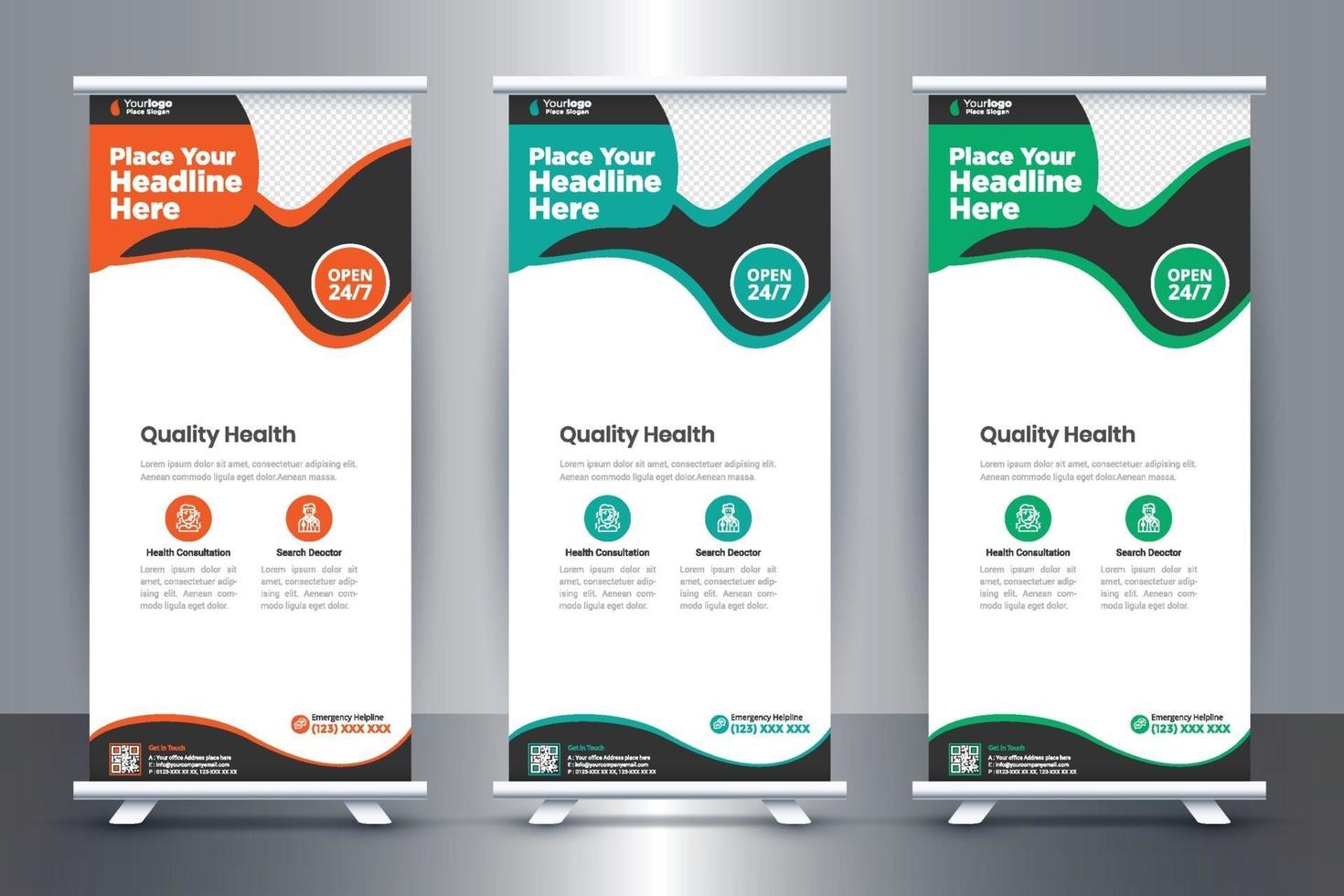 design de banner roll up médico gratuito para hospitais e cuidados de saúde vetor