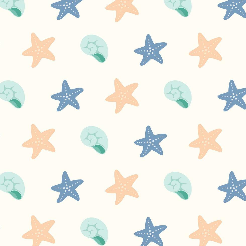 desatado padronizar do mão desenhado estrelas do mar e conchas do mar em isolado fundo. Projeto para horário de verão celebração, scrapbooking, Casamento convite, têxtil, casa e berçário decoração, papel arte. vetor