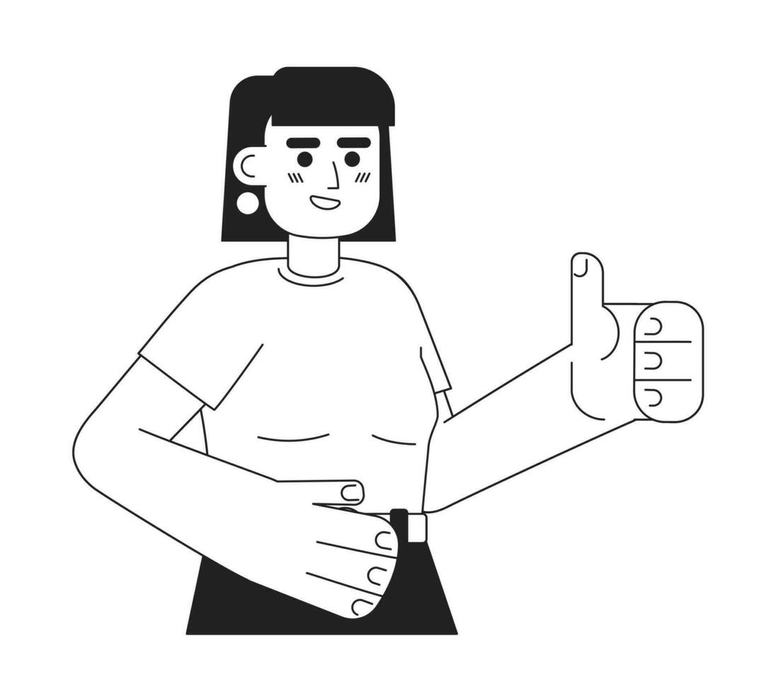 alegre mulher mostra polegar acima monocromático plano vetor personagem. editável fino linha metade corpo bonita senhora dentro camisa em branco. simples bw desenho animado local imagem para rede gráfico Projeto