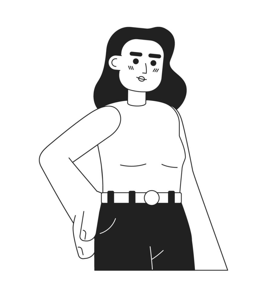 jovem atraente caucasiano mulher monocromático plano vetor personagem. editável fino linha metade corpo senhora com grandes morena cabelo em branco. simples bw desenho animado local imagem para rede gráfico Projeto