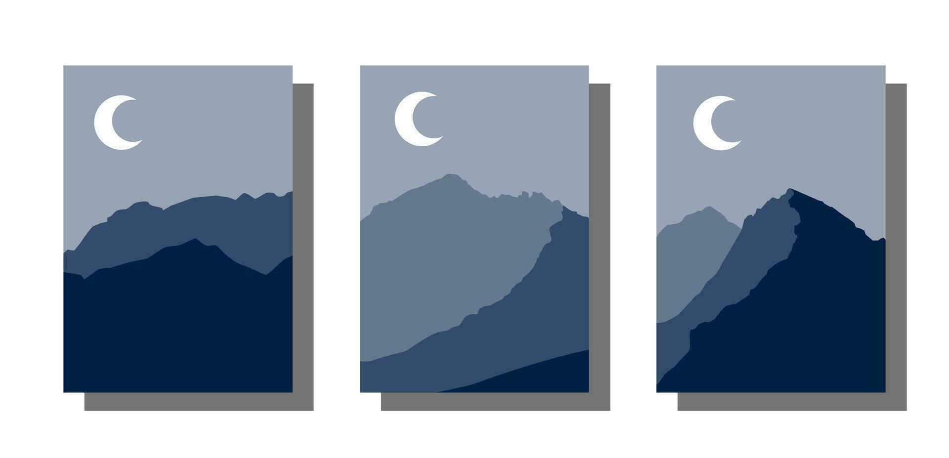 conjunto do abstrato panorama poster. montanha cenário noite fundo com lua. vetor ilustração