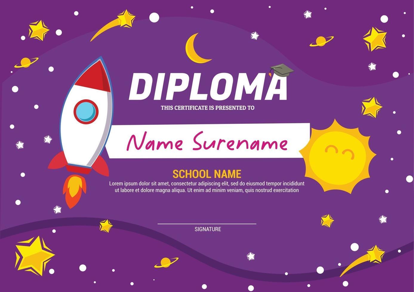 modelo de certificado de diploma infantil com galáxia espacial vetor