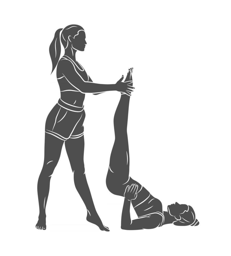 O treinador de silhueta ajuda uma jovem a fazer ioga ou pilates e faz exercícios em uma ilustração vetorial de fundo branco vetor