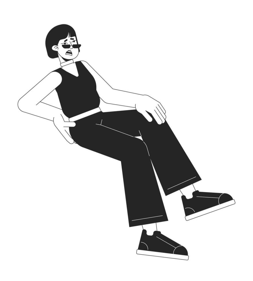 infeliz mulher sentado plano linha Preto branco vetor personagem. editável esboço cheio corpo menina dentro oculos de sol toque voltar, joelho. traumas simples desenho animado isolado local ilustração para rede gráfico Projeto