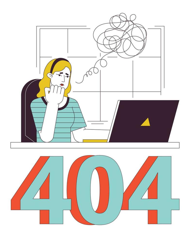 caucasiano Loiras mulher pensamentos erro 404 instantâneo mensagem. local de trabalho com computador portátil. esvaziar Estado ui Projeto. página não encontrado Aparecer desenho animado imagem. vetor plano ilustração conceito em branco fundo