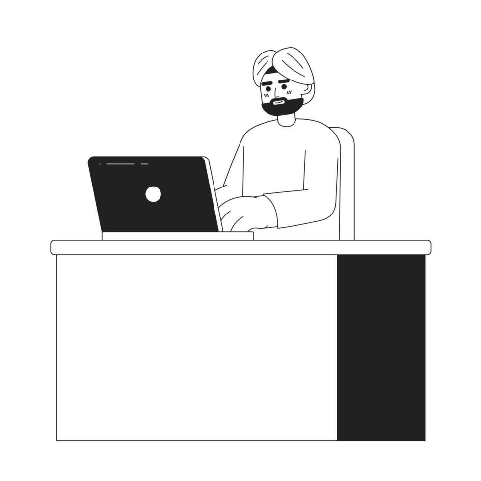 indiano homem dentro turbante digitando em computador portátil 2d vetor monocromático isolado local ilustração. ocupado homem às escritório plano mão desenhado personagem em branco fundo. escritório trabalhos editável esboço desenho animado cena