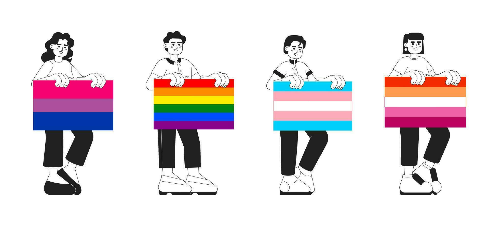 feliz pessoas detém lgbt orgulho bandeiras monocromático conceito vetor local ilustrações pacote. igual direitos para amantes 2d bw desenho animado personagens para rede ui Projeto. diversidade isolado editável herói imagens conjunto