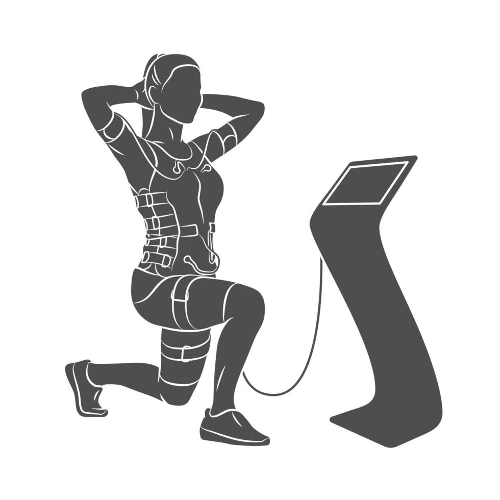 ems treinamento garota fazendo agachamentos em um terno com cabos em uma ilustração vetorial de fundo branco vetor