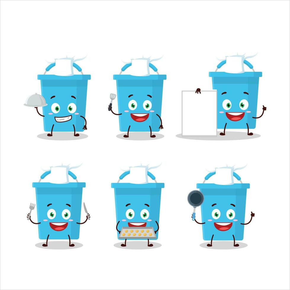 desenho animado personagem do azul balde com vários chefe de cozinha emoticons vetor