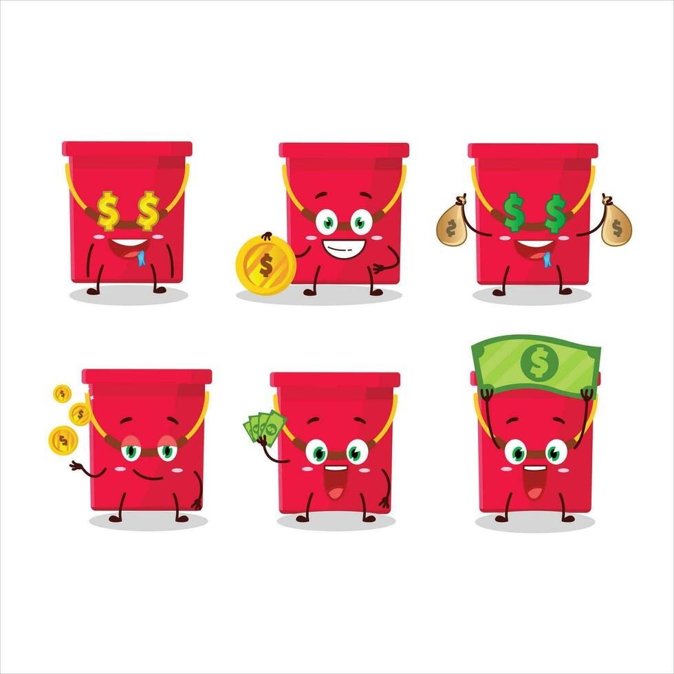 vermelho balde desenho animado personagem com fofa emoticon trazer dinheiro vetor
