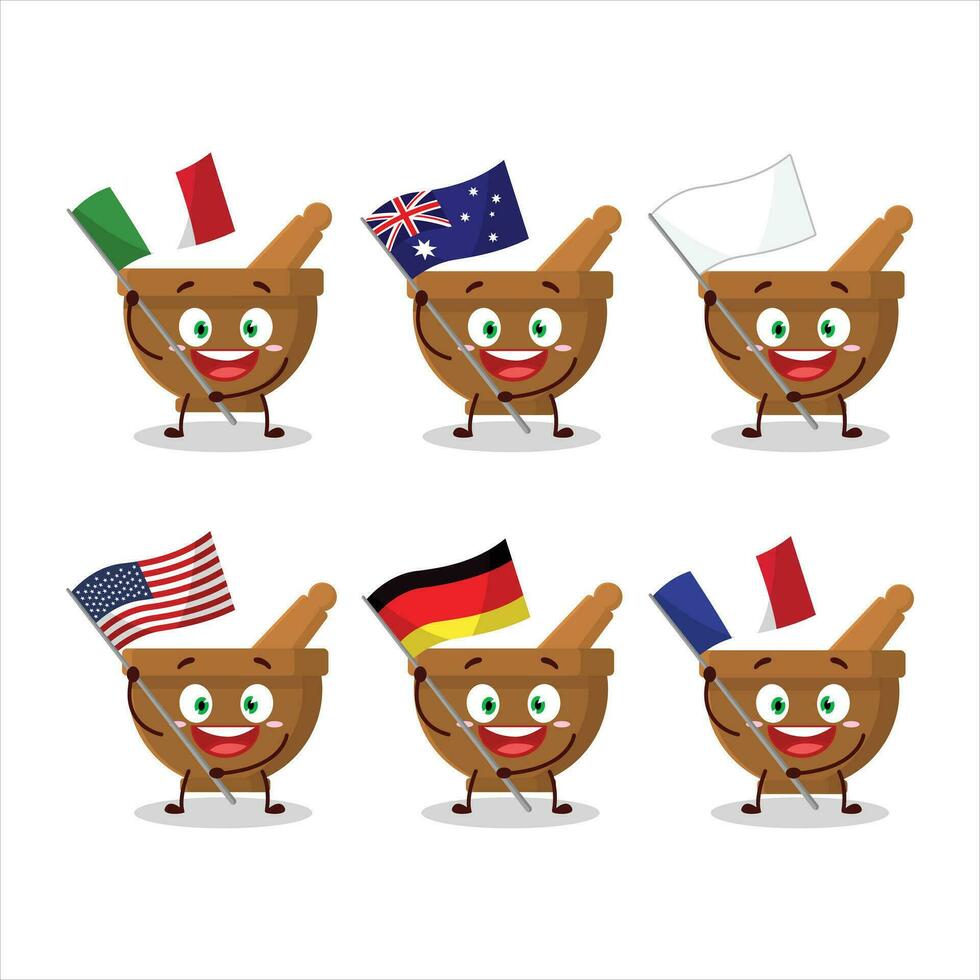 argamassa e pilão desenho animado personagem trazer a bandeiras do vários países vetor