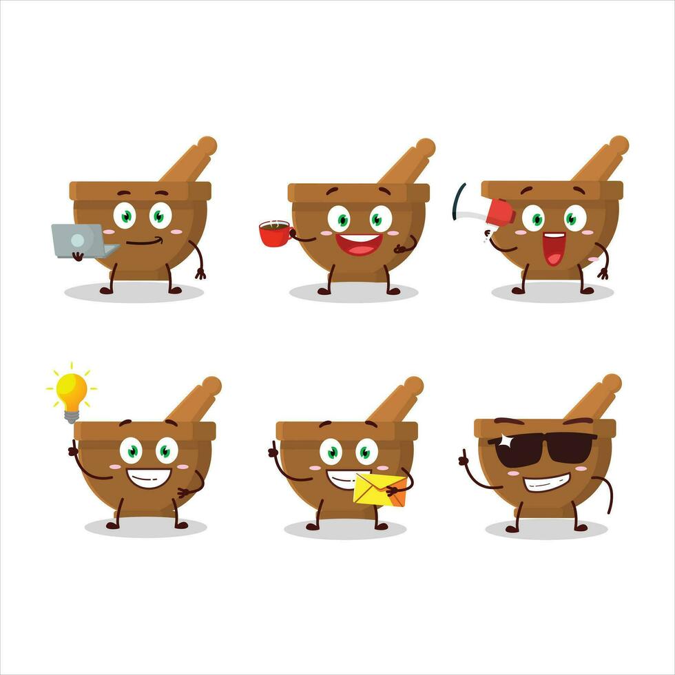 argamassa e pilão desenho animado personagem com vários tipos do o negócio emoticons vetor