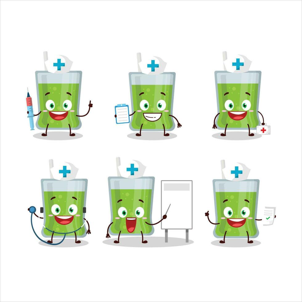 médico profissão emoticon com verde maçã suco desenho animado personagem vetor