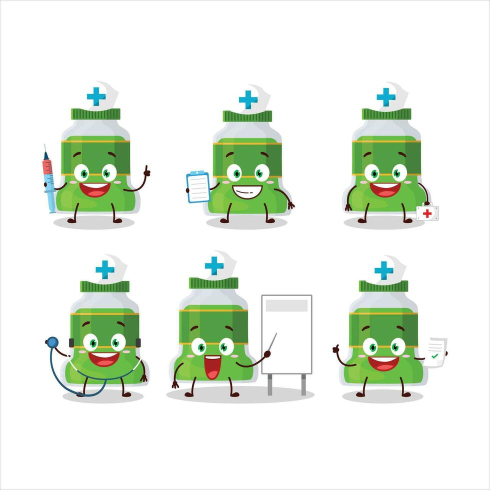 médico profissão emoticon com pesto garrafa desenho animado personagem vetor