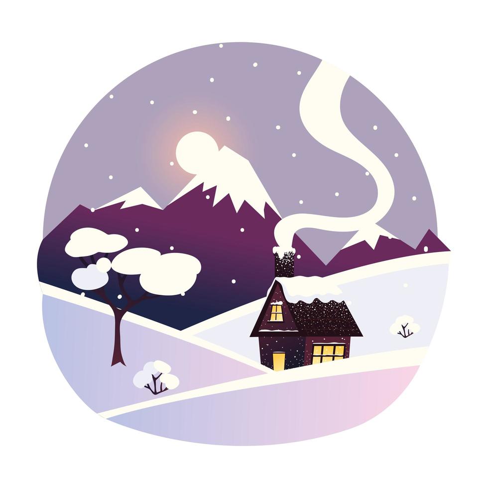 paisagem de inverno com casa, montanhas e árvores com neve vetor