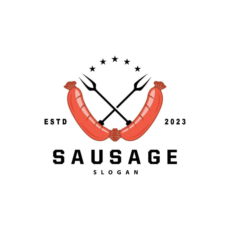 linguiça logotipo, vetor carne garfo e a linguiça comida, restaurante inspiração projeto, vintage retro rústico