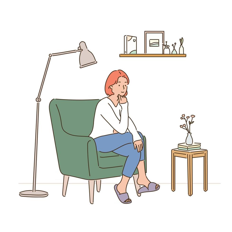 uma mulher está sentada no sofá para uma pessoa e fica pensativa. mão desenhada estilo ilustrações vetoriais. vetor