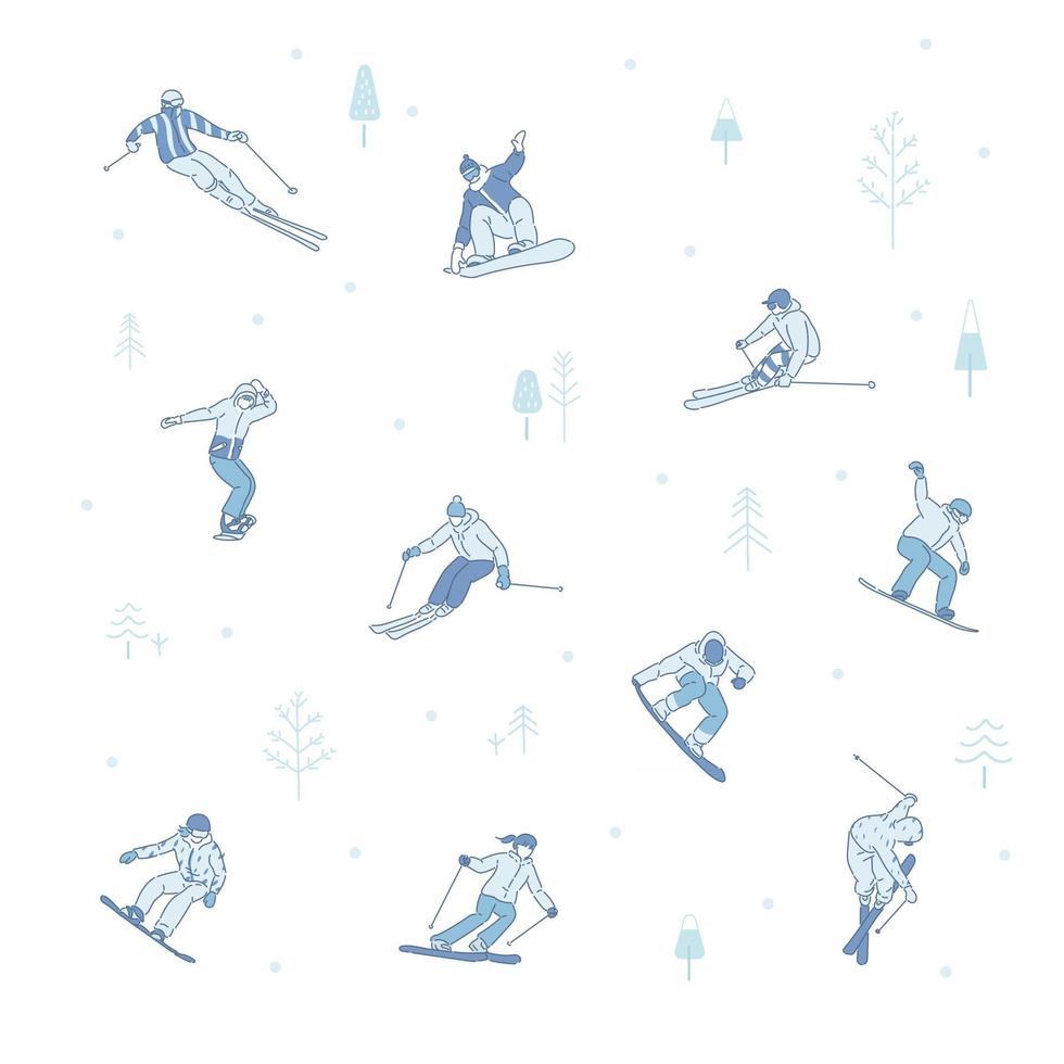 muita gente praticando snowboard e esquiando. personagem pequeno e simples. mão desenhada estilo ilustrações vetoriais. vetor