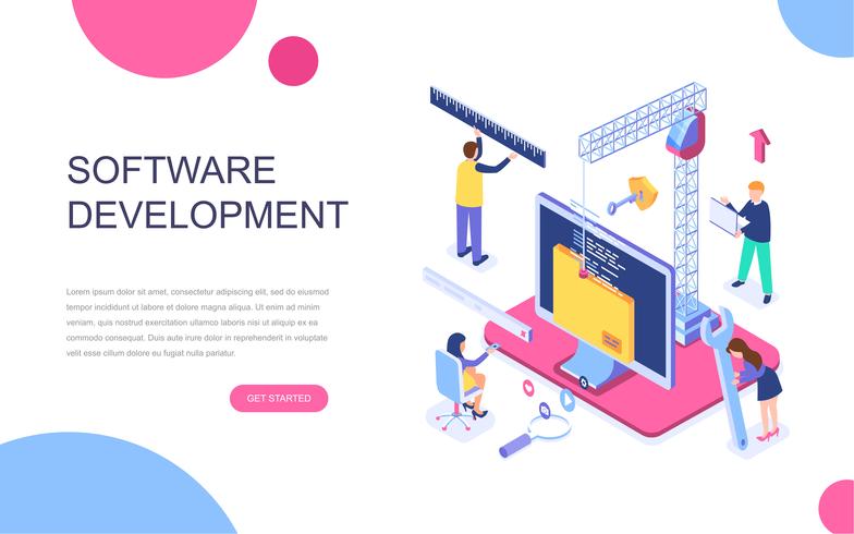 Conceito isométrico moderno design plano de desenvolvimento de software vetor