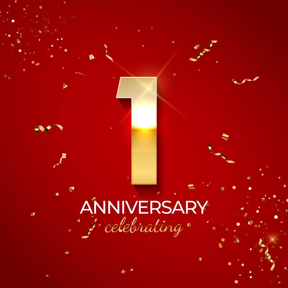 decoração de celebração de aniversário. ouro número 1 com fitas de confete, brilhos e serpentina em fundo vermelho. ilustração vetorial vetor