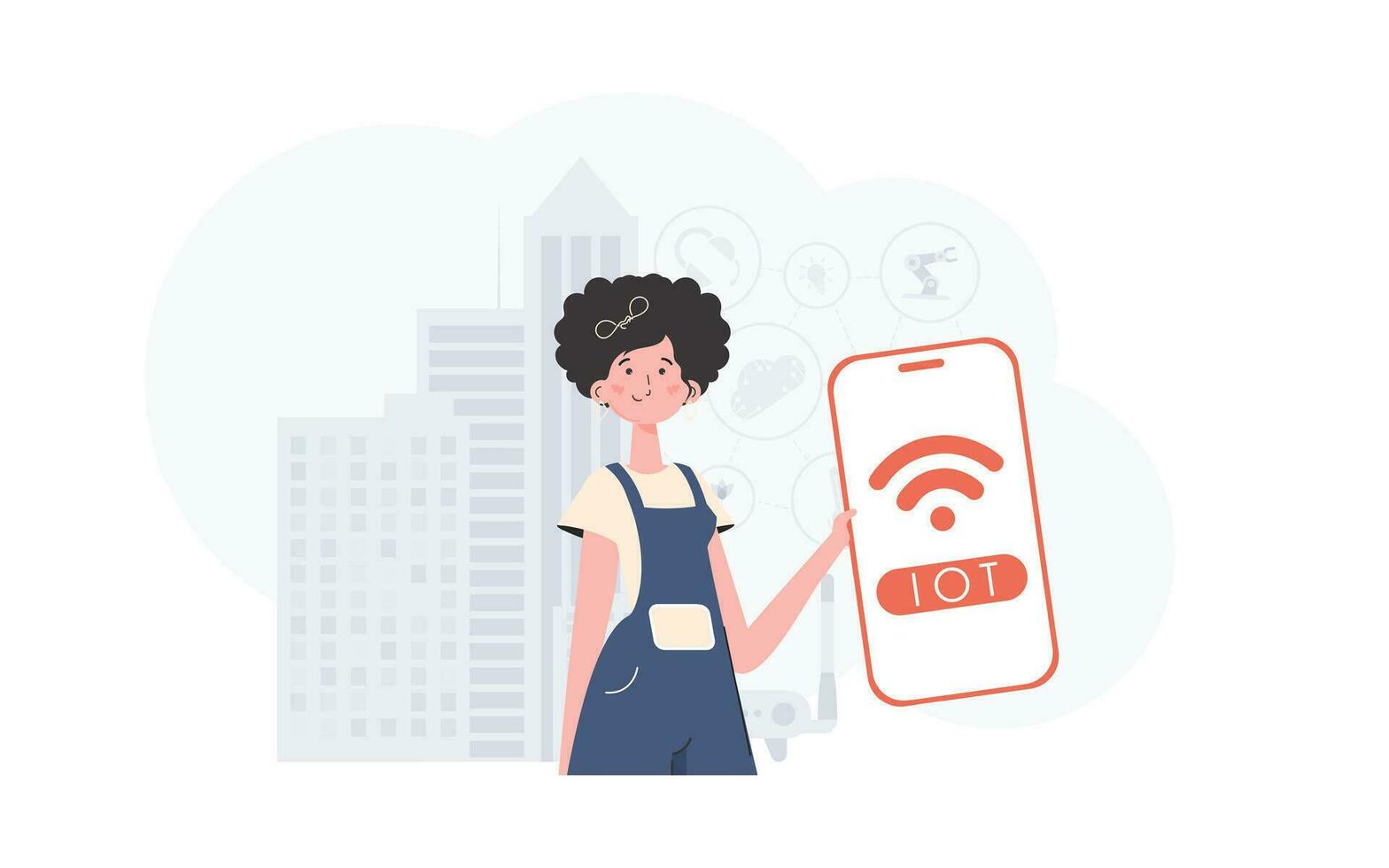 Internet do coisas e automação conceito. uma mulher detém uma telefone com a muito logotipo dentro dela mãos. vetor ilustração dentro na moda plano estilo.