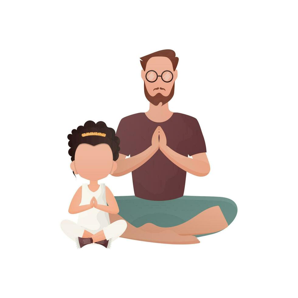 uma homem com uma fofa pequeno menina estão sentado e fazendo ioga. isolado. desenho animado estilo. vetor